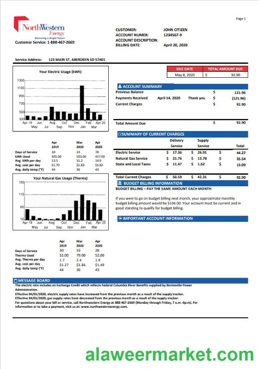 USA NorthWestern Energy utility bill template in Word and PDF format, version 1